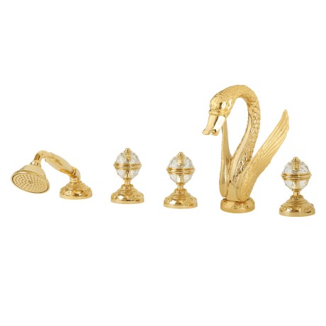 LUXOR См-ль на борт ванны, на 5 отверстий, лебедь БОЛЬШОЙ, ручки CRYSTAL, золото