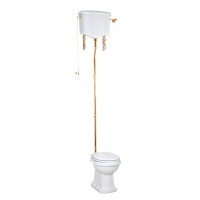 BELLA Комплект унитаз напольный выпуск в стену, бачок высокий с цепочкой золото, белый (БЕЗ КРЫШКИ)