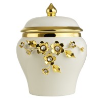 EMOZIONI Баночка с крышкой D15хН19 см, керамика, цвет белый, декор золото, swarovski