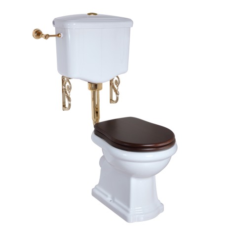 BELLA Комплект унитаз напольный выпуск в стену, бачок низкий с кнопкой золото, белый (БЕЗ КРЫШКИ)