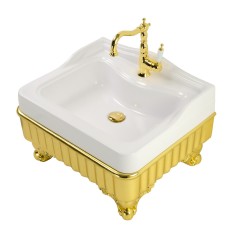 IMPERO ZAMPA Раковина напольная 60 см. композит белая, лапы, панель рифленая золото, БЕЗ ОТВ.
