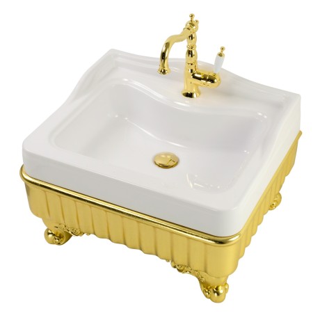 IMPERO ZAMPA Раковина напольная 60 см. композит белая, лапы, панель рифленая золото, БЕЗ ОТВ.