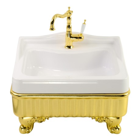 IMPERO ZAMPA Раковина напольная 60 см. композит белая, лапы, панель рифленая золото, БЕЗ ОТВ.