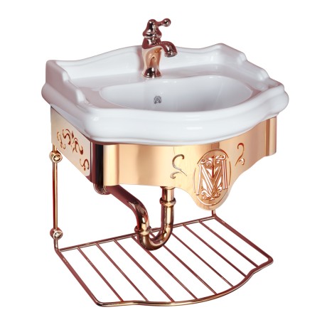BELLA Комплект: консоль подвесная 55 см. с решеткой золото, раковина керамика белая