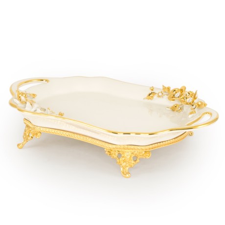 EMOZIONI Поднос с ручками 39,5x26xH9 см, керамика, цвет белый, декор золото, swarovski