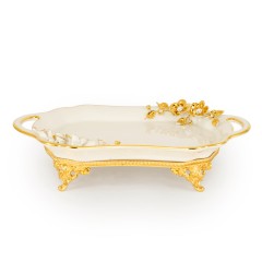 EMOZIONI Поднос с ручками 39,5x26xH9 см, керамика, цвет белый, декор золото, swarovski