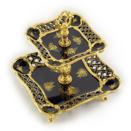 AMANTE BLU Менажница 32х32хH35см 2 яруса, керамика/латунь, цвет синий, декор золото