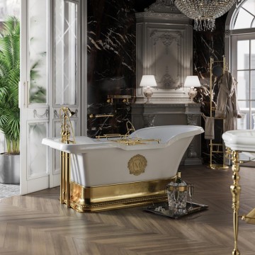 Ванна Migliore Impero Podium 25813 180x87 см, белая, отдельностоящая с ручками, на подиуме, cо сливом-переливом золото