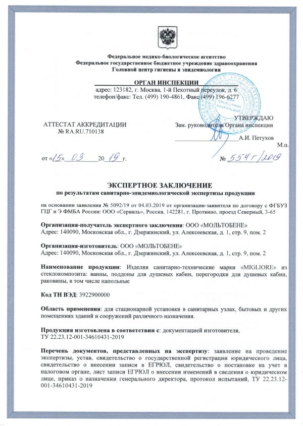 Экспертное заключение — изделия из стеклокомпозита Migliore